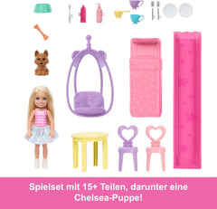 Maison de poupée Barbie Chelsea avec plus de 15 accessoires, maison pop-up s'étendant jusqu'à plus de 42 x 33 cm avec 5 aires de jeu et un toboggan, avec une petite poupée et un chien, JFW49