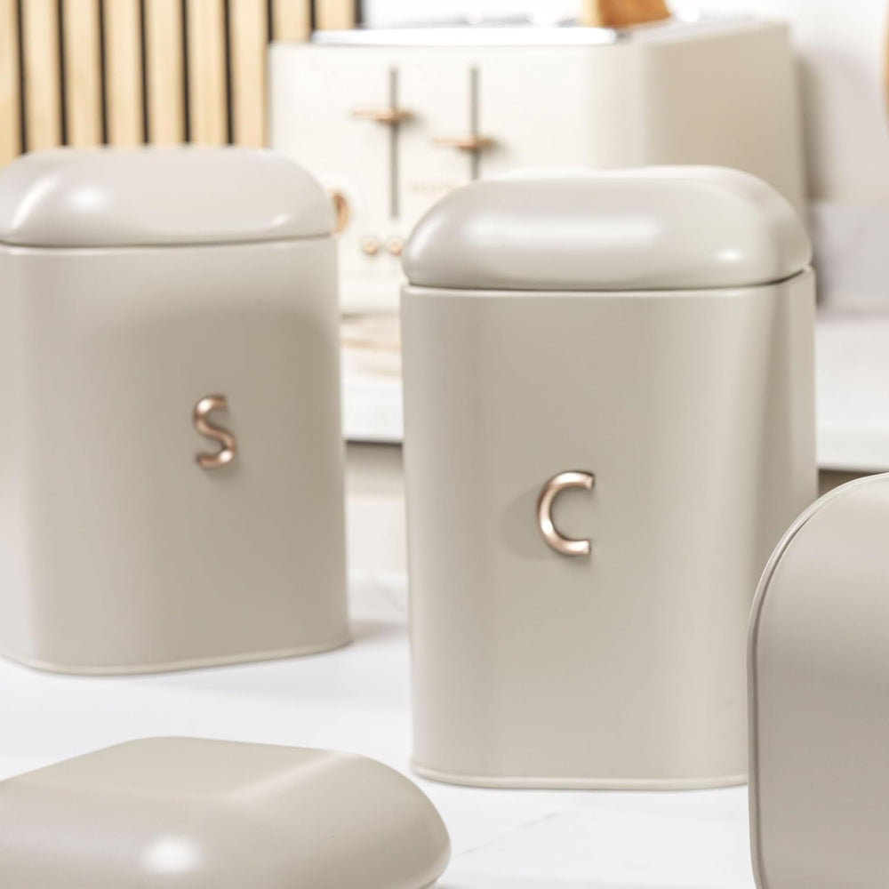 SALTER BW13729EU7 Ensemble de récipients pour thé, café et sucre – Conteneurs de rangement pour comptoir de cuisine, conteneurs de marquage en acier au carbone