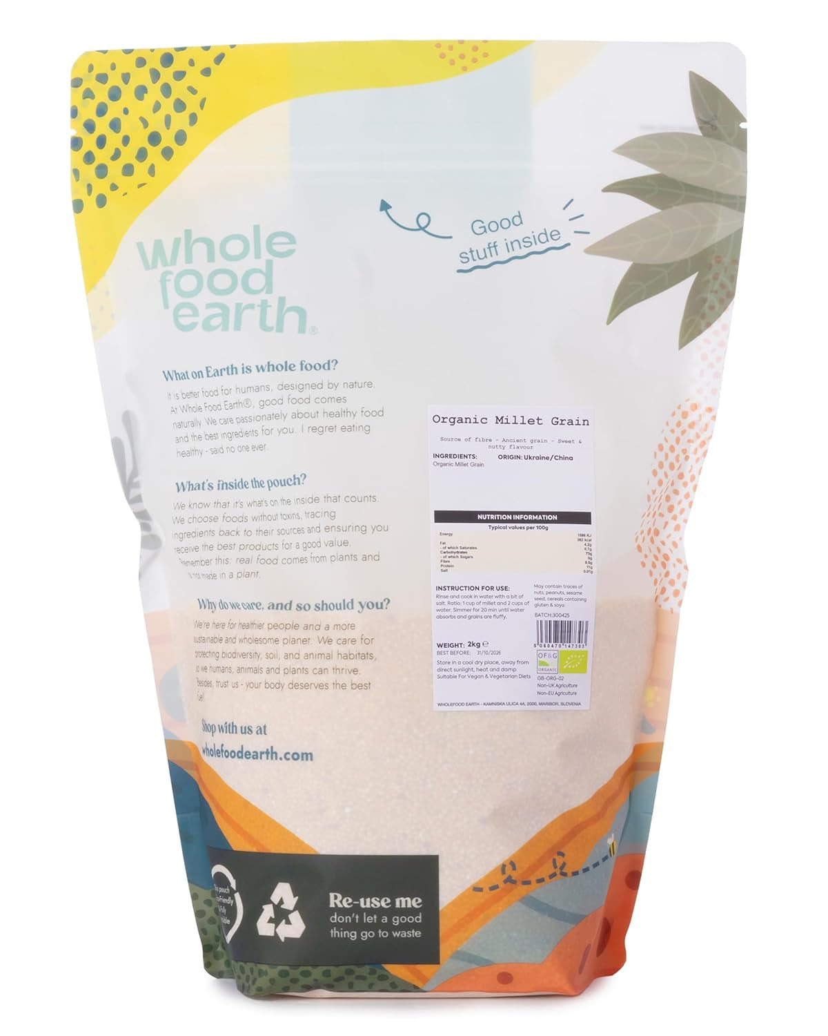 Millet biologique Wholefood Earth 2 kg | Sans OGM | Végétalien | Riche en fibres | Certifié biologique