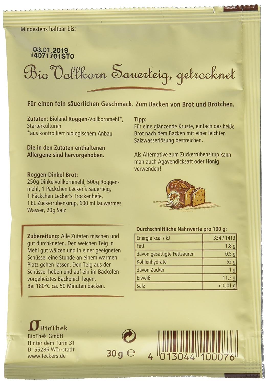 Lecker'S Bio Vollkorn Sauerteig (10 X 30 G) Mélange pour la pâtisserie et la cuisine Naty Shop