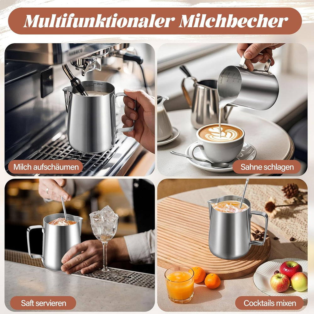 Cană de lapte, cană de lapte din oțel inoxidabil de 350 ml cu marcaj de măsurare, accesoriu barista, cană de lapte pentru cappuccino, espresso, latte art, iubitori de cafea, argintiu, 355 ml