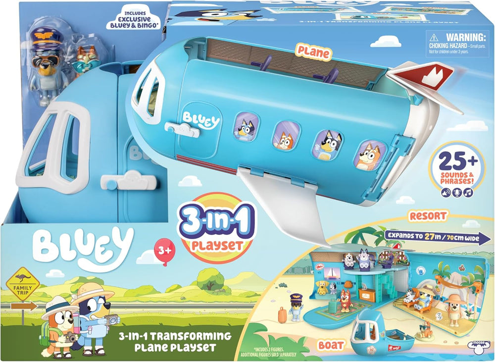 BlueY 3-in-1 Flugzeug-Spielset zum Ausklappen; Verwandlung von Flugzeug in Hotelresort & Boot! 70 cm breites Urlaubsresort-Spielset; 25+ Geräusche; 15 Spielzeugteile; 2 Exklusive Figuren Bingo