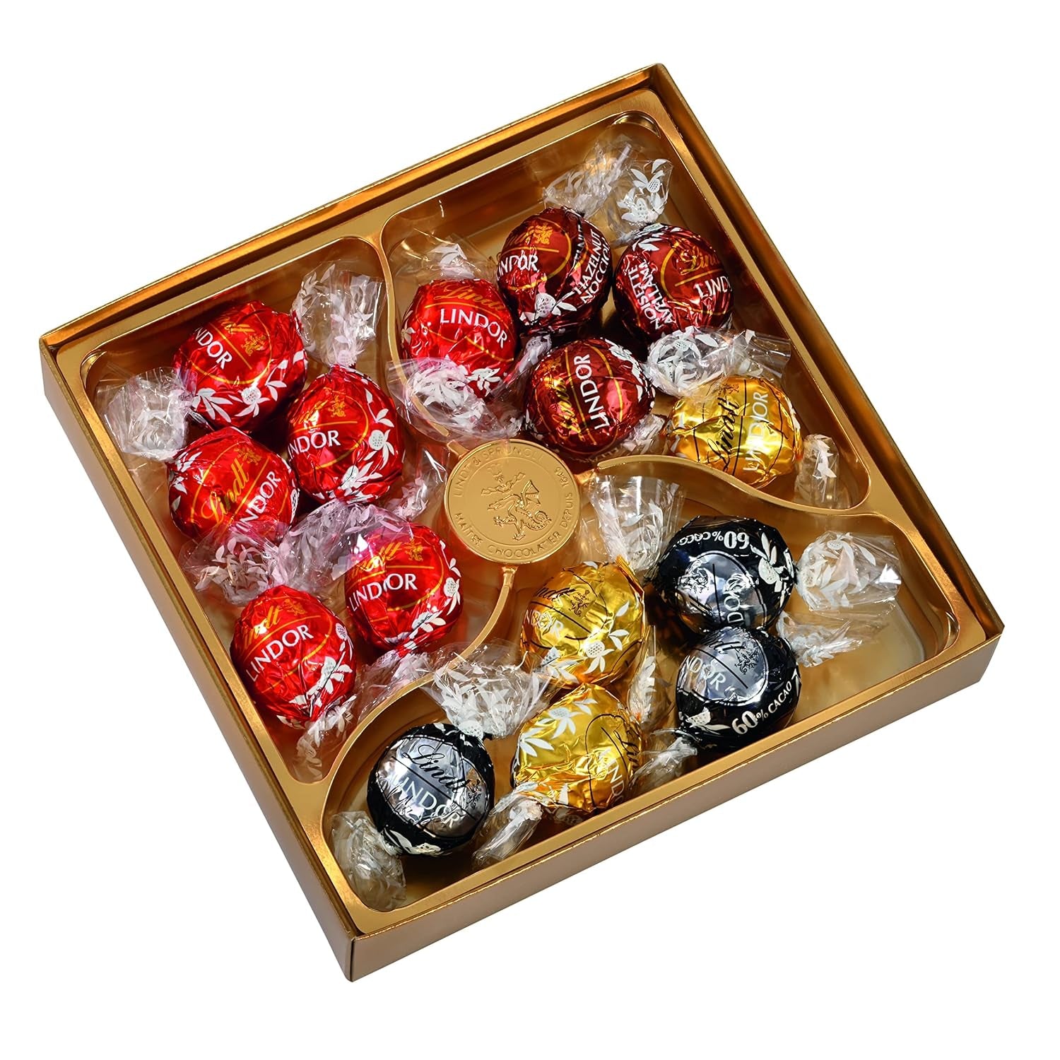 Coffret cadeau Lindt LINDOR avec assortiment de chocolats, env. 15 truffes LINDOR, 4 variétés (chocolat au lait, chocolat blanc, chocolat noir 60% et noisette), 187 g