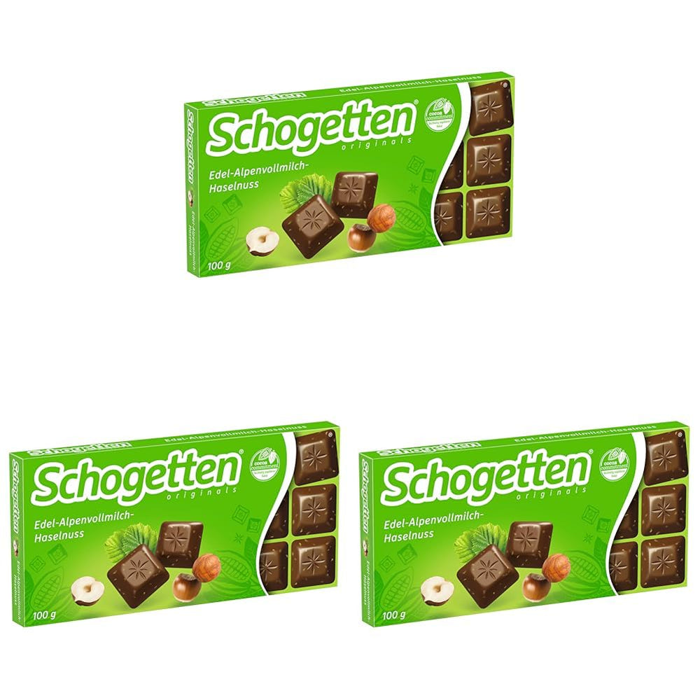 Schogetten Premium Chocolat au lait alpin aux noisettes, barre de chocolat de 100 g, en portions individuelles. Un délice. Pièce par pièce.