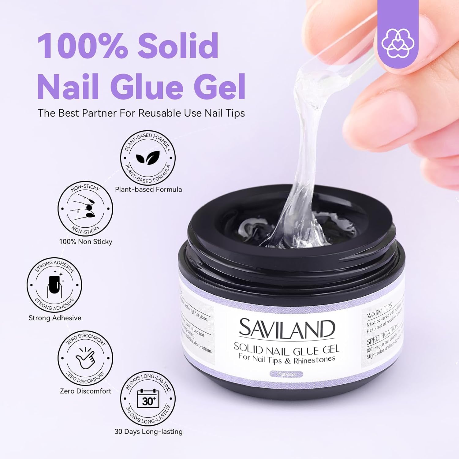 Saviland Colle solide pour pointes d'ongles : 2 pièces 15 g de colle artificielle extra forte à pression sur les ongles, colle UV gel pour femmes, salon de maison, bricolage, lampe UV/LED durcie