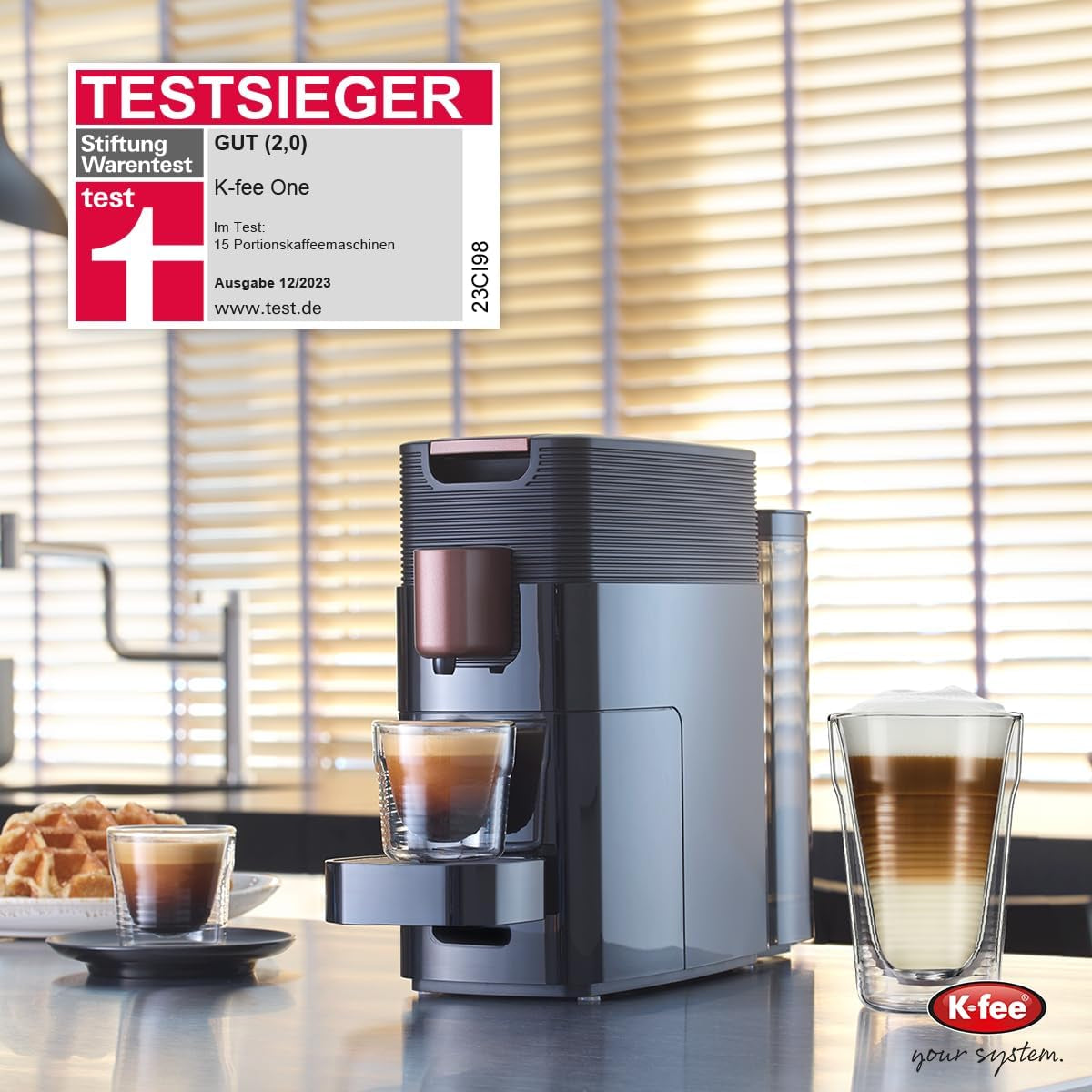 Machine à expresso avec capsules K-FEE ONE pour café, thé et cacao | Expresso compact | Chauffage rapide | Réservoir d'eau de 0,8 l | 19 barres | Cuivre noir | Gagnant du test Stiftung Warentest 2023