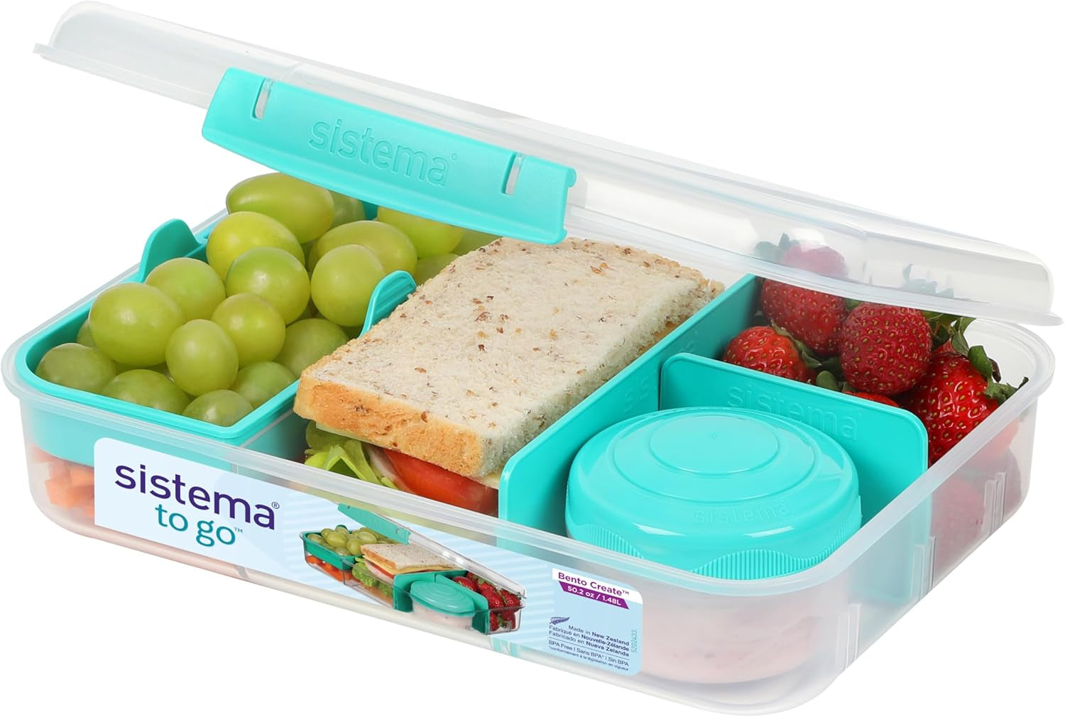 Bento Box TO GO système de boîte à lunch avec compartiments | Boîte à lunch 1,25 L avec pot de yaourt/fruits | pour enfants et adultes l | Minty Teal sans BPA [21685-8T], vert menthe Boîtes de conservation des aliments Naty Shop Minty Teal 1,48 L (comprend un pot de 150 ml)