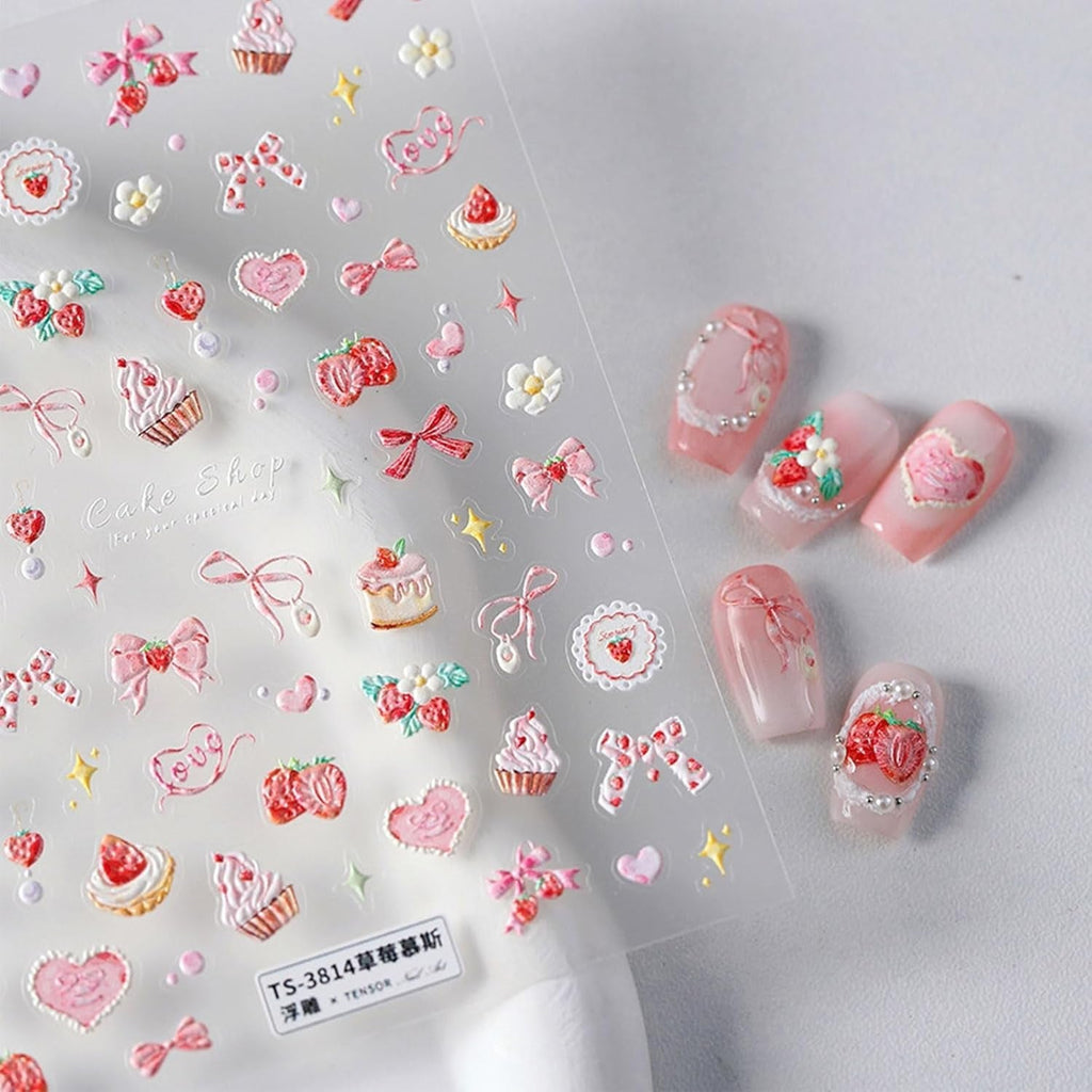 JMEOWIO 3D Nagelsticker Rosa Nail Art Sticker Selbstklebend Nagelaufkleber 5D Stereoskopisch Kuchen Erdbeerschleife Dekoration Nageldesign Zubehör 1 Blatt