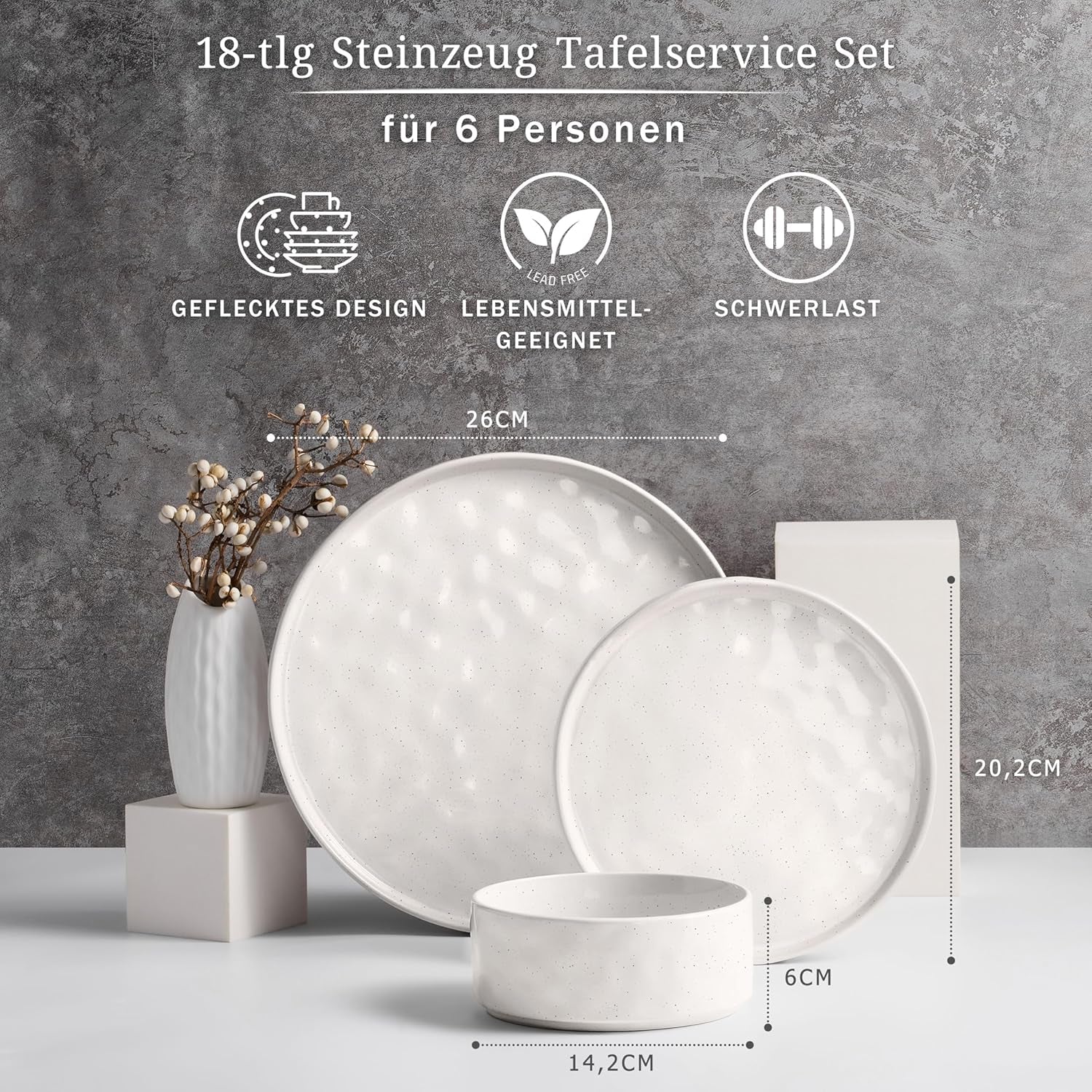 Service de table pour 6 personnes, 18 pièces en grès, assiettes à vernis réactif, assiettes plates, assiettes à dessert et bols à céréales, passe au micro-ondes et au lave-vaisselle, teinté blanc