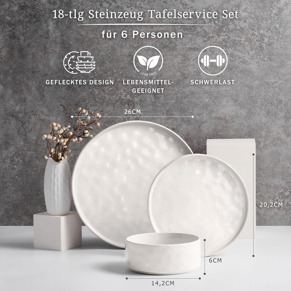 Service de table pour 6 personnes, 18 pièces en grès, assiettes à vernis réactif, assiettes plates, assiettes à dessert et bols à céréales, passe au micro-ondes et au lave-vaisselle, teinté blanc