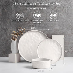 Service de table pour 6 personnes, 18 pièces en grès, assiettes à vernis réactif, assiettes plates, assiettes à dessert et bols à céréales, passe au micro-ondes et au lave-vaisselle, teinté blanc