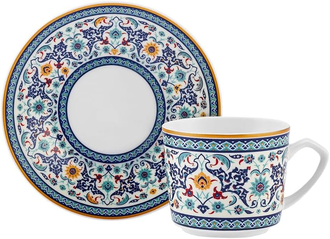 KARACA Beylerbeyi - Ensemble de 12 tasses à café turques, 6 tasses à expresso en porcelaine avec soucoupes, ensemble de tasses à expresso de 80 ml, design traditionnel - Bleu