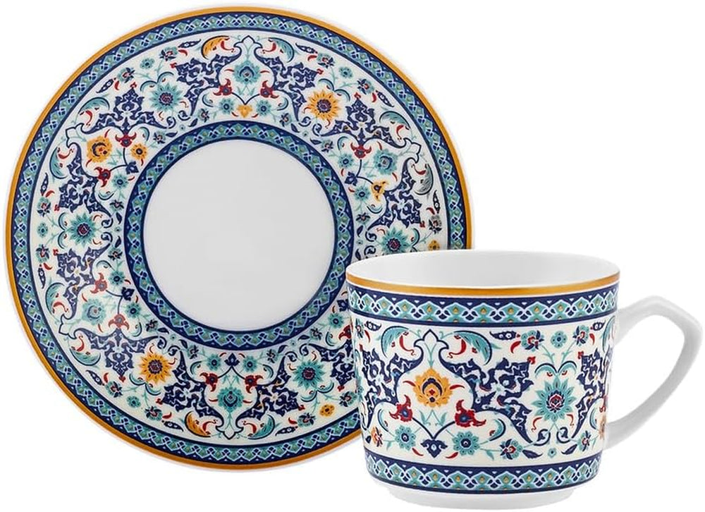 KARACA Beylerbeyi - Ensemble de 12 tasses à café turques, 6 tasses à expresso en porcelaine avec soucoupes, ensemble de tasses à expresso de 80 ml, design traditionnel - Bleu