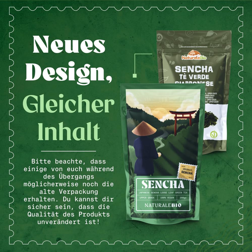 Thé Sencha japonais Naturalebio - 200 g Thé vert bio - Thé vert Sencha 100% pur et naturel - feuilles en vrac de la première récolte - produit biologique cultivé au Japon