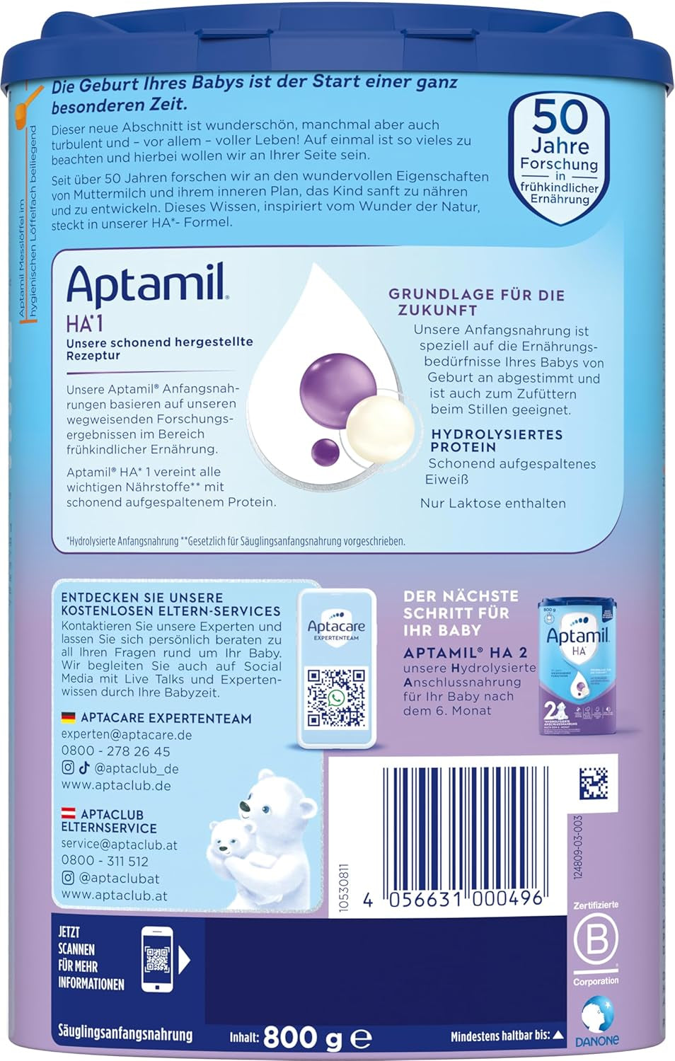 Aptamil HA 1 - Préparation pour nourrissons dès la naissance, avec DHA, sans lactose, sans huile de palme, nourriture pour bébé, lait en poudre, 1 x 800 g