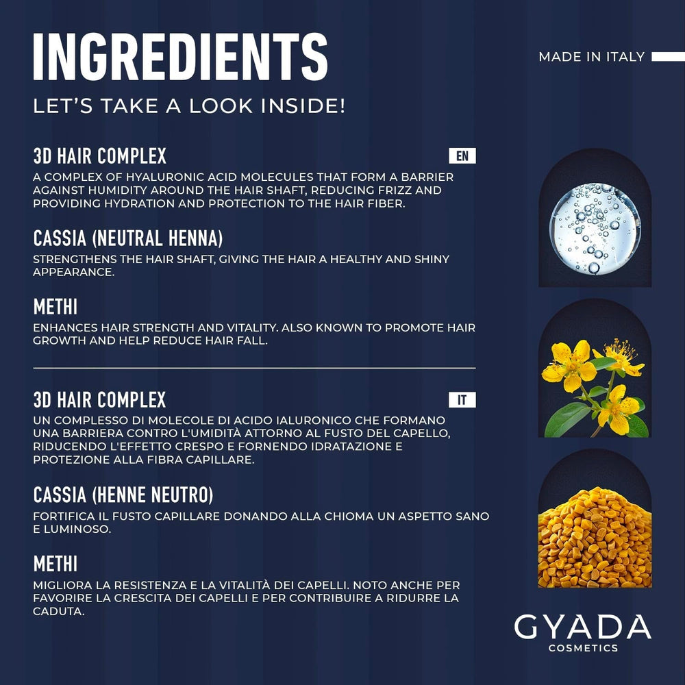 GYADA COSMETICS, Compresse Ayurvédique Renforçante Hyalurvédique, Traitement Professionnel pour Cheveux Fins et Faibles, Anti-Frizz au Methi, Maca, Henné Neutre, Masque Capillaire Naty Shop 200 ml