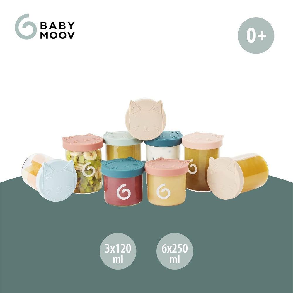 Babymoov ISY BOWLS boîtes à nourriture pour bébé en verre robuste et résistant à la température - pour conserver/congeler les aliments pour bébé, 6x 250ml + 3x 120ml Boîtes de conservation Naty Shop