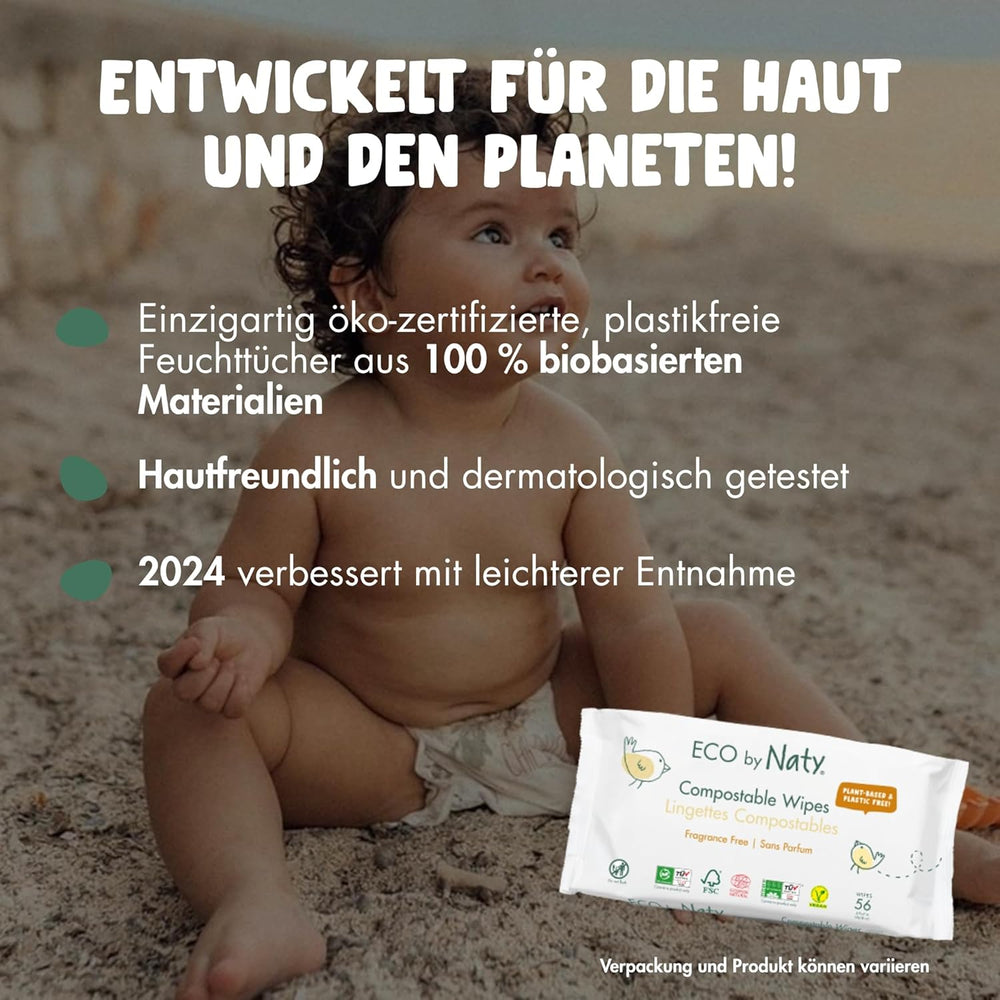 Lingettes Naty pour bébé | 100 % à base de plantes et sans parfum pour les peaux sensibles | Lingettes sans plastique et certifiées compostables avec de l'eau purifiée à 98 % | 672 lingettes (12 paquets)