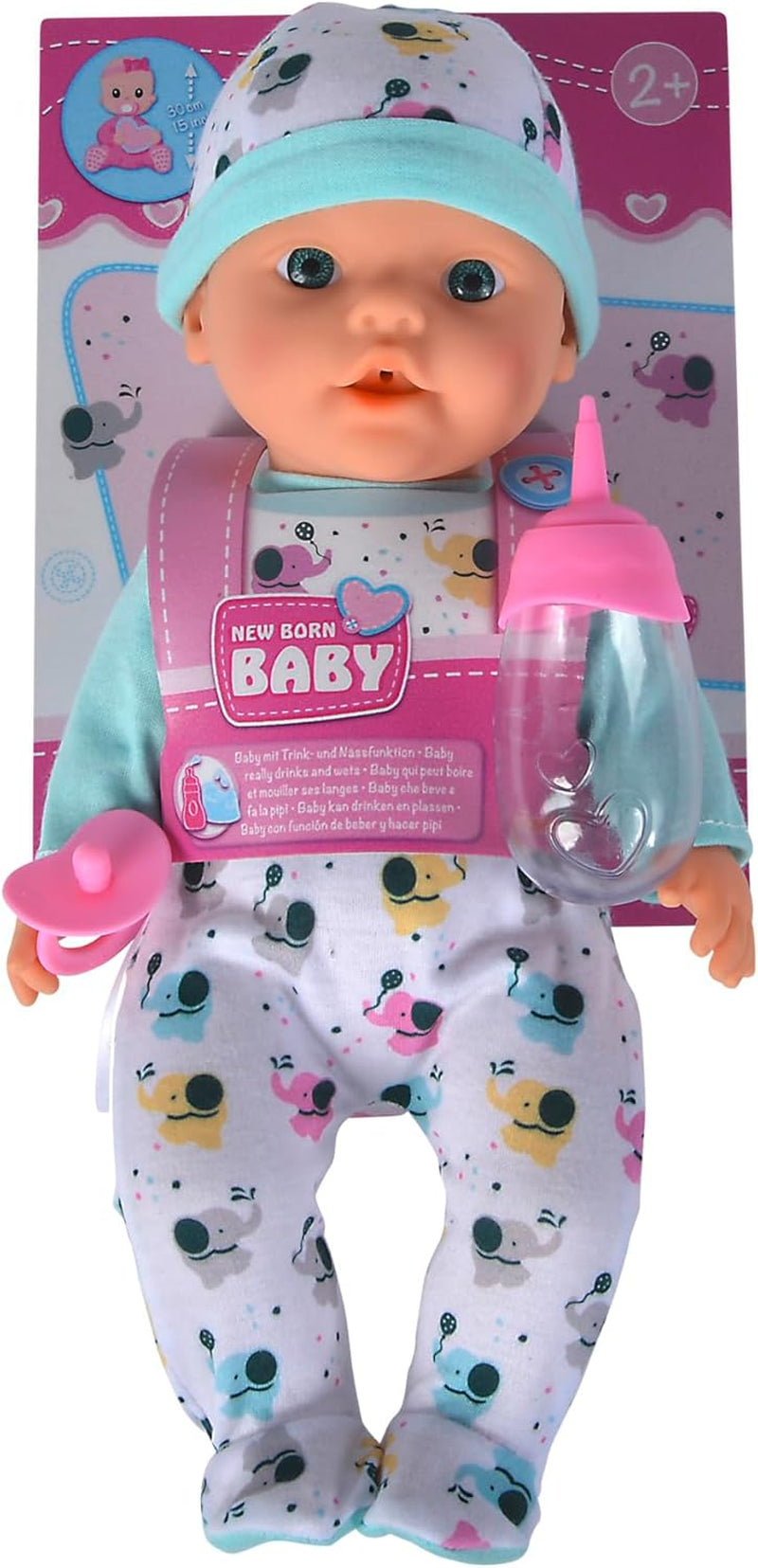 Poupée en vinyle nouveau-né petit éléphant avec fonction d'alimentation et de boisson, biberon et tétine, 30 cm, poupées de 2 ans Naty Shop