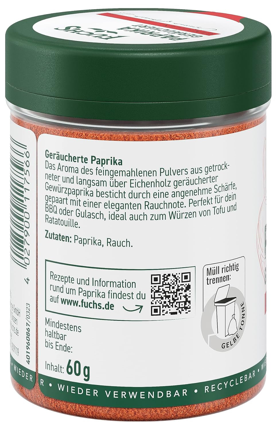 Fuchs Gewürze - Paprika geräuchert gemahlen - rauchiger Gesmack für BBQ, Gulasch ou Tofu - Ingrédients naturels - 60 g dans une dose variable, recyclable