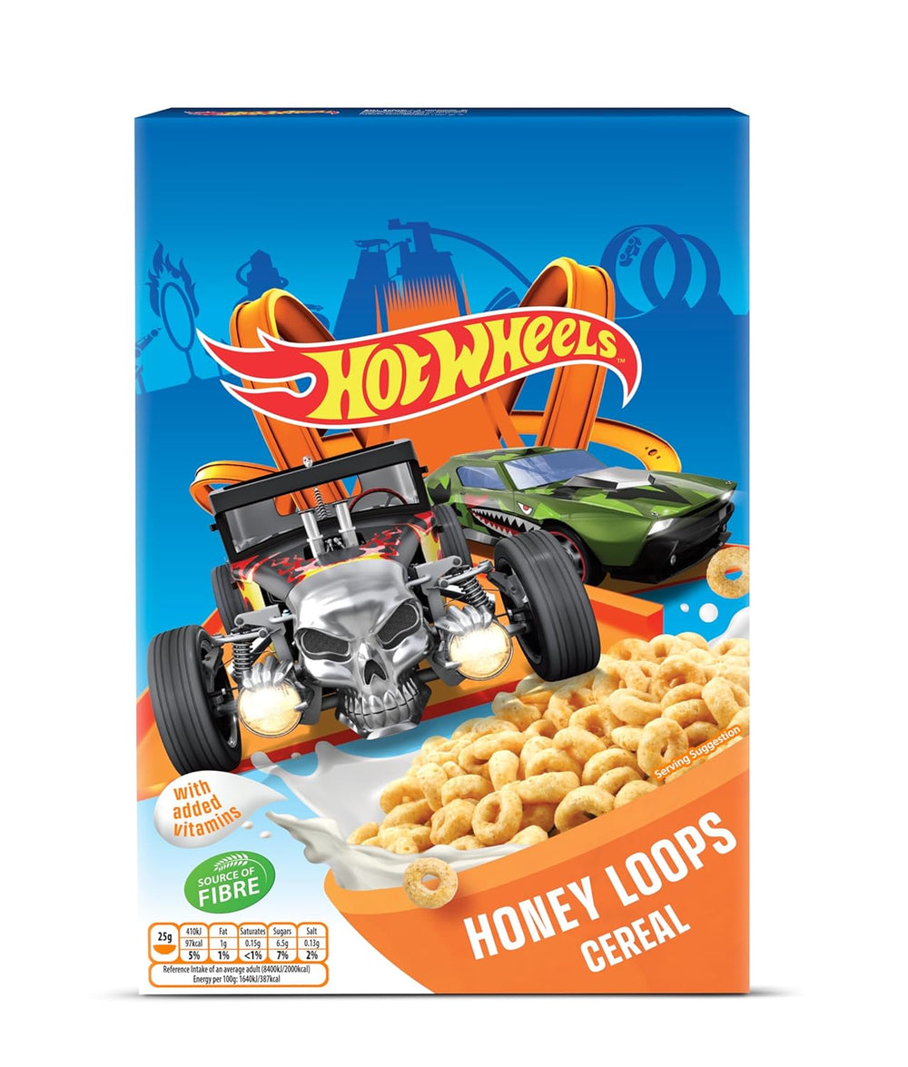 Hot Wheels Honey Loops Céréales croustillantes pour petit-déjeuner à grains entiers avec vitamines ajoutées, 1 paquet (1 x 375 g)