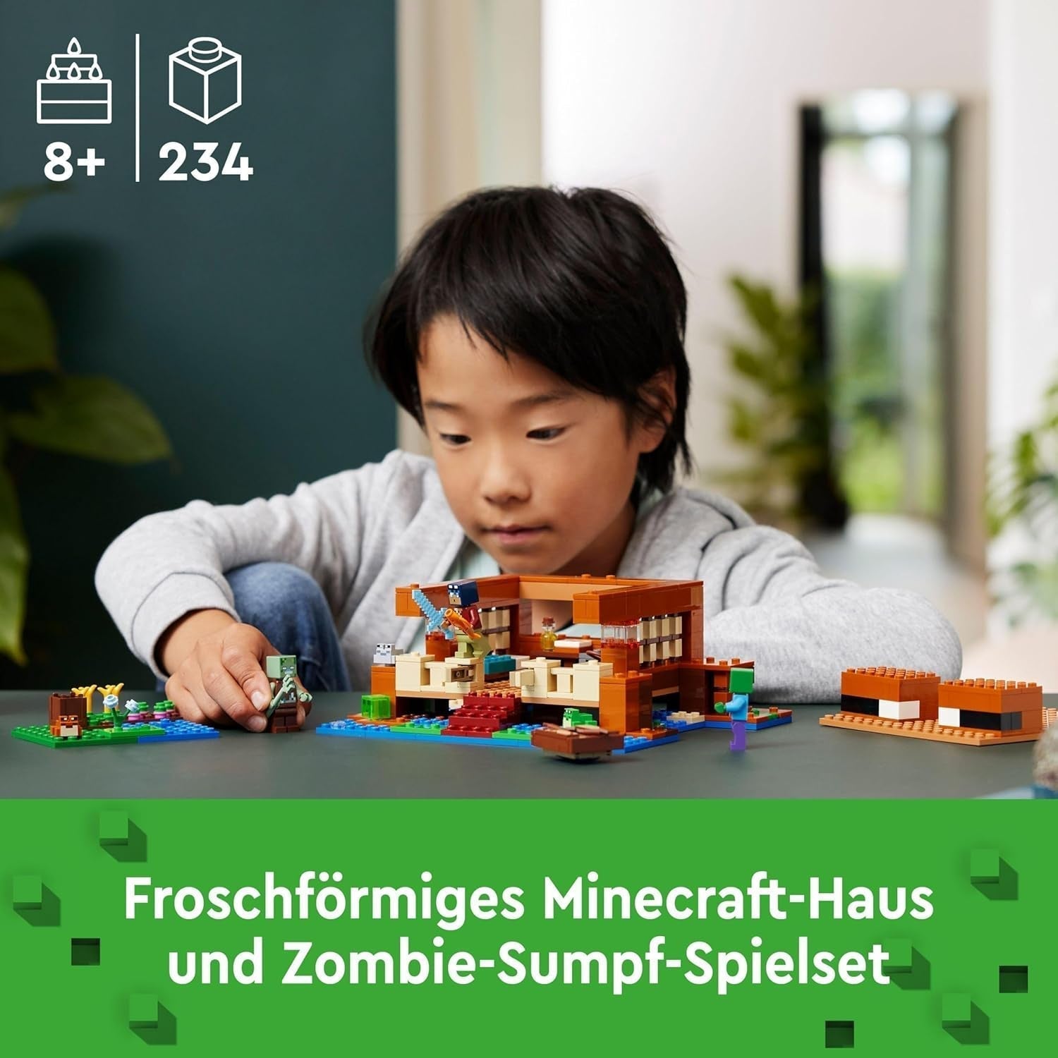 LEGO Minecraft The Frog House, maison de jouets avec figurines dont zombie, slime et noyé, ainsi que des accessoires tels qu'un bateau jouet et un établi, cadeau pour garçons et filles à partir de 8 ans 21256 Jeux de construction Besuche den LEGO-Store
