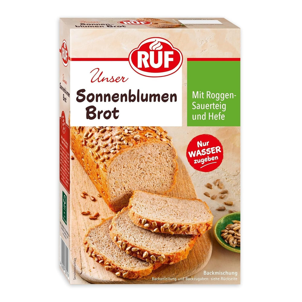 RUF Sonnenblumen Brot, Nur Wasser Addenden, Brotbackmischung Mit Sonnenblumenkernen, Brotteigmischung Mit Roggen-Sauerteig Und Hefe Für Sonnenblumenkernbrot, 1 X 410G Naty Shop 410 G (1Er Pack)