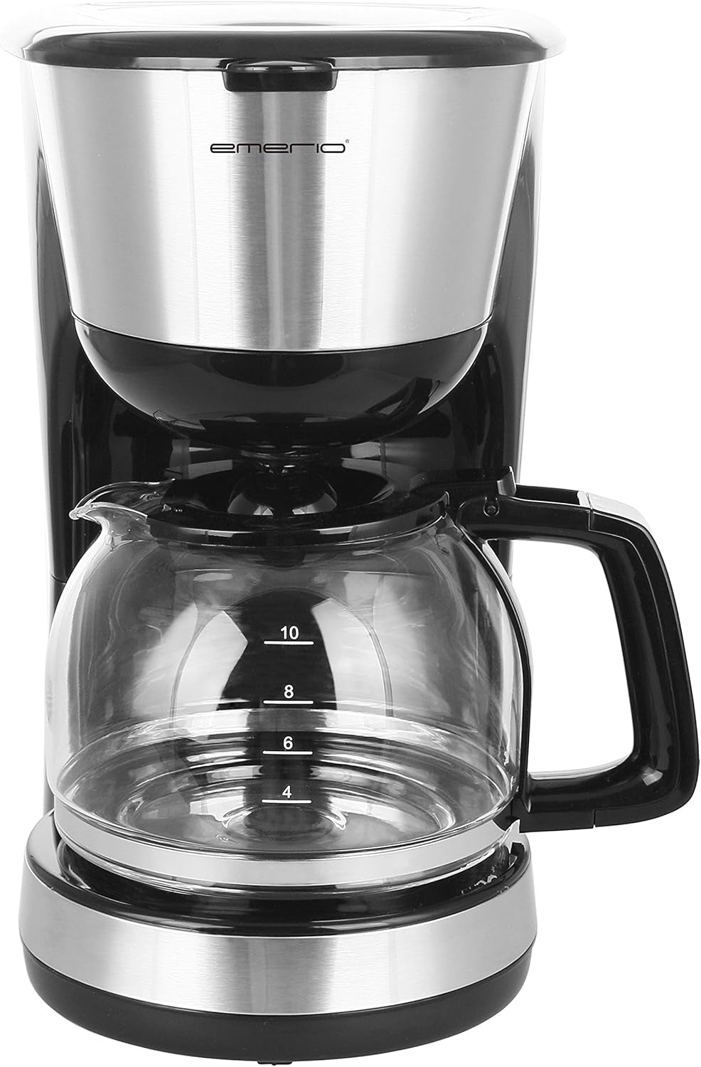 Emerio CME-122933, Cafetière filtre, 1,25 L pour jusqu'à 10 tasses de café frais, filtre amovible permanent, fonction anti-goutte, carafe en verre, arrêt automatique, 1000 watts, noir/argent