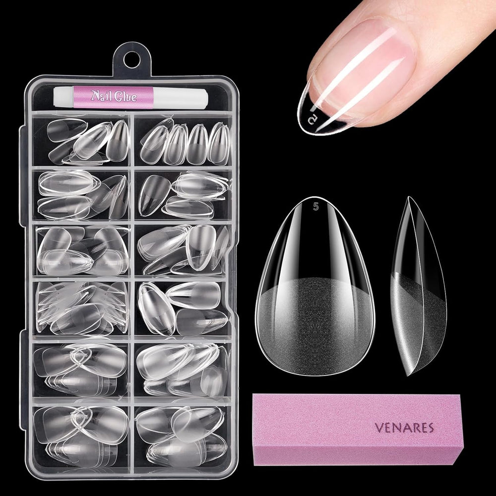 Faux ongles pour ongles en gel, ensemble de 120 pièces d'ongles artificiels courts de couleur amande, 11 tailles d'ongles en gel, pointes d'ongles en colle, bloc tampon à ongles