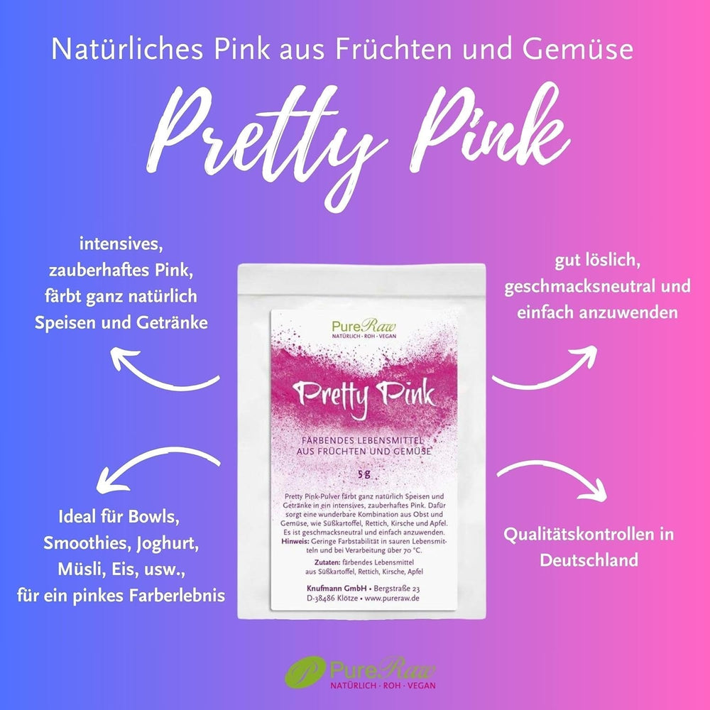 Pretty Pink Natürliche Lebensmittelfarbe Pulver Rosa (Roh Vegan) Pastel Rose Bis Intensiv Rosa-Rot - Essbare Farbe Für Lebensmittel Aus Früchten Und Gemüse - Colorant Alimentaire Naturel | Pureraw 5G Naty Boutique