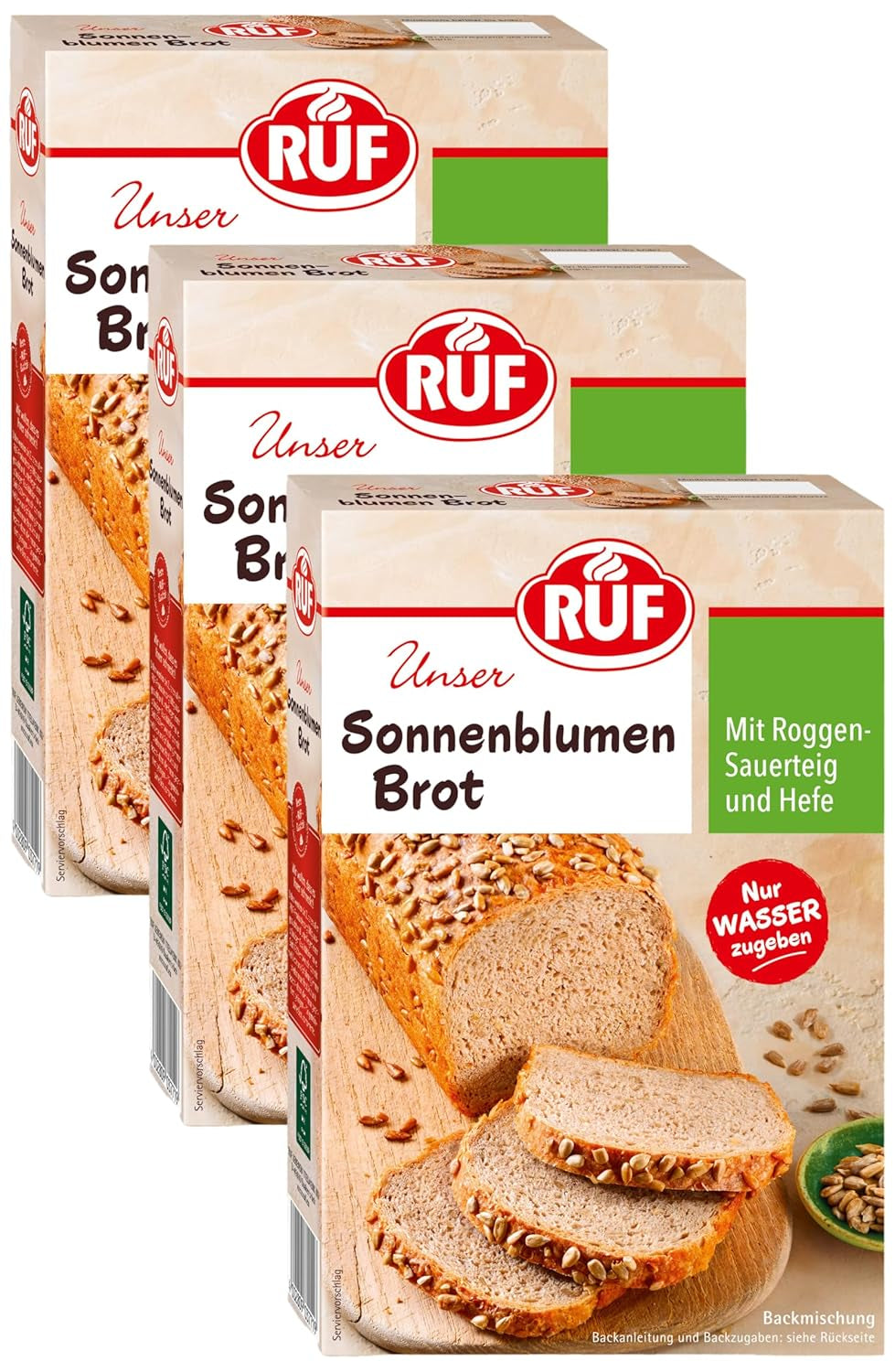RUF Sonnenblumen Brot, Nur Wasser Addenden, Brotbackmischung Mit Sonnenblumenkernen, Brotteigmischung Mit Roggen-Sauerteig Und Hefe Für Sonnenblumenkernbrot, 1 X 410G Naty Shop 410 G (3Er Pack)