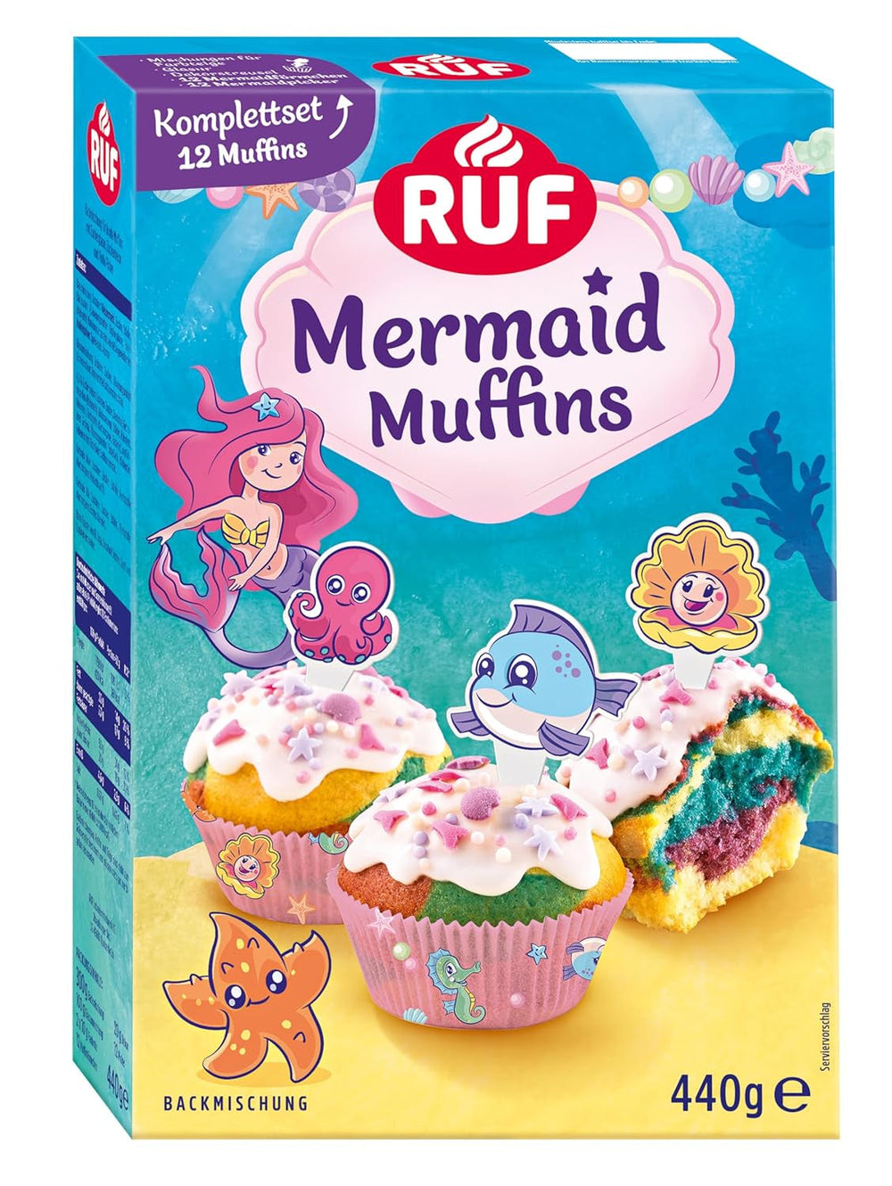 RUF Cupcakes Für Eis-Princessinen Und Prinzen, Mit Torten-Creme in Eisblau, Zucker-Eiskristallen Und Fondant Für Zuckerkronen, Inkl. 12 Backförmchen, 1 X 391G Glaçages et Décor Naty Shop 440 G (1Er Pack) Meerjungfrau