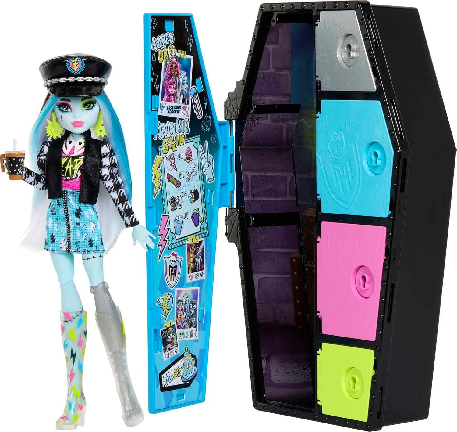Monster High HKY62 - Ensemble poupée et mode, Frankie Stein avec armoire et plus de 19 accessoires, Skulltimate Secrets, jouet de poupée pour 4 ans et plus