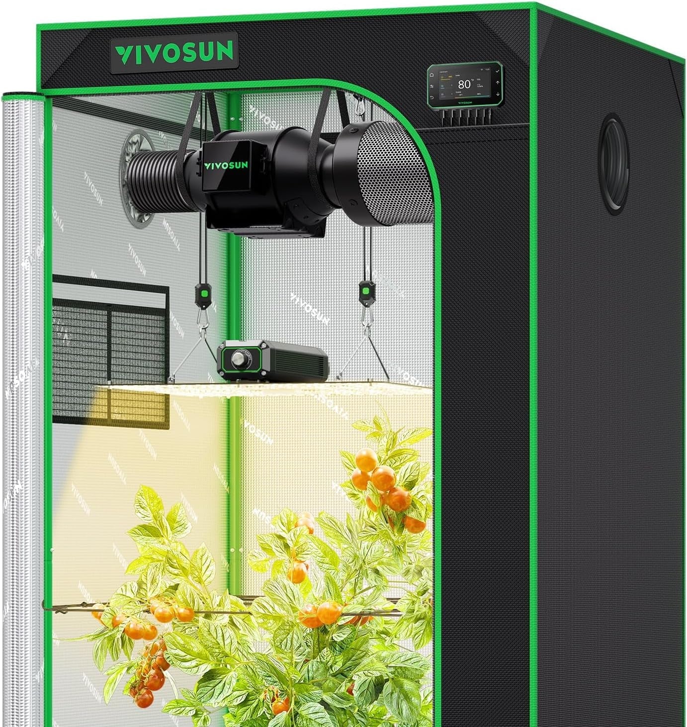 Sistem inteligent de cort de creștere VIVOSUN GIY 80x80x160cm, kit de cort de creștere cu WiFi integrat, cu ventilație și circulație automată, lampă de creștere LED cu spectru complet de 150W și controler GrowHub E42A