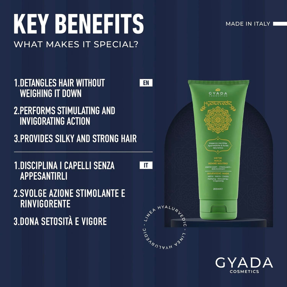 GYADA COSMETICS, Compresse Ayurvédique Renforçante Hyalurvédique, Traitement Professionnel pour Cheveux Fins et Faibles, Anti-Frizz au Methi, Maca, Henné Neutre, Masque Capillaire Naty Shop 200 ml