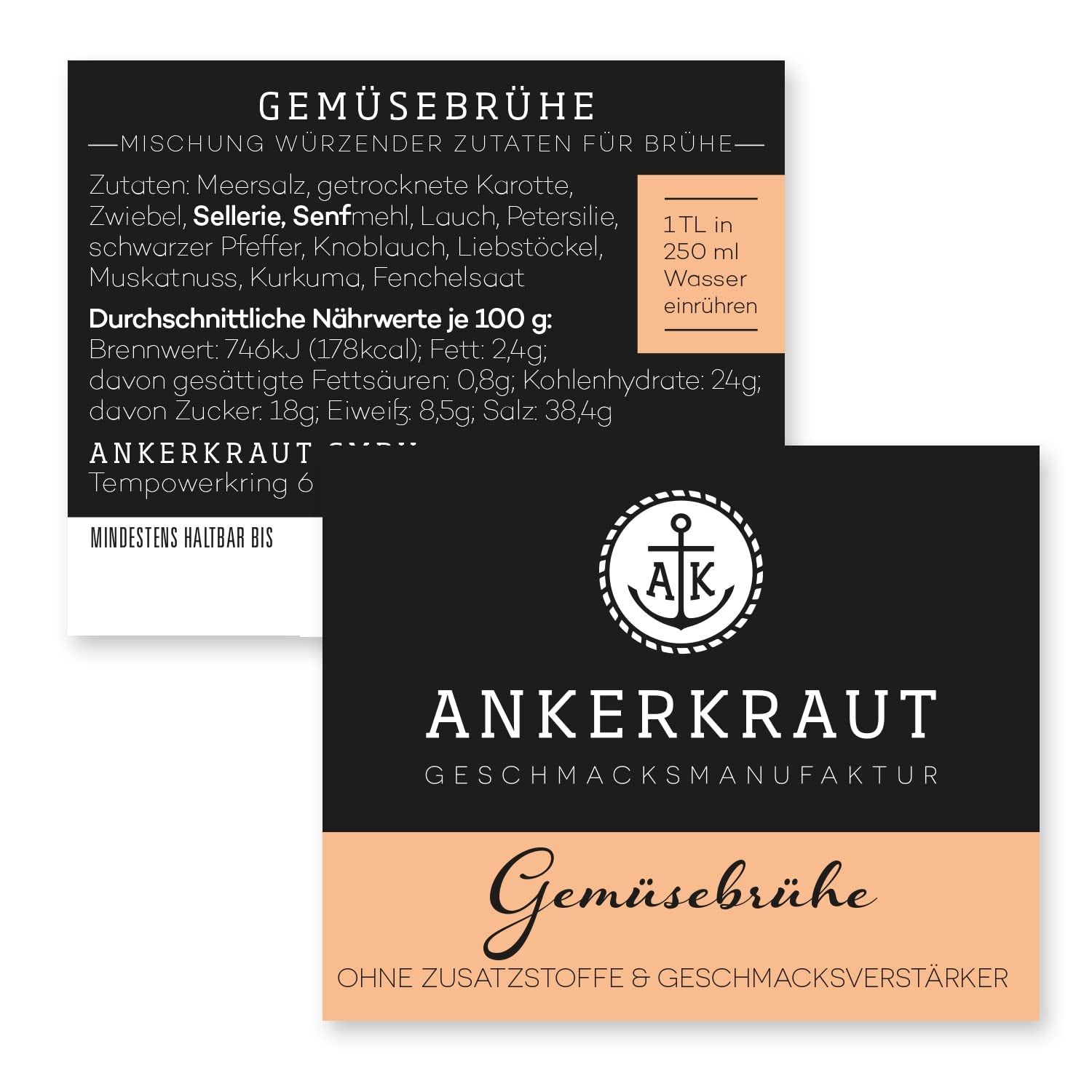 Ankerkraut Gemüsebrühe, ohne Gemsckverstärker, ohne Zucker, 90g dans un verre en liège, Mischung würzender Ingredient für Brühe