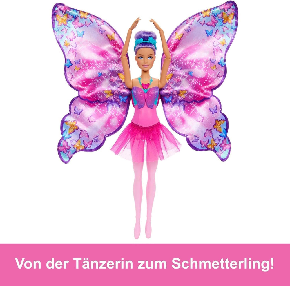Barbie Dance And Flutter Poupée de transformation 2 en 1 danseuse en papillon avec ailes ouvertes, cheveux violets, bijoux pour cheveux et tutu détachable, HXJ10 Naty Shop Dolls
