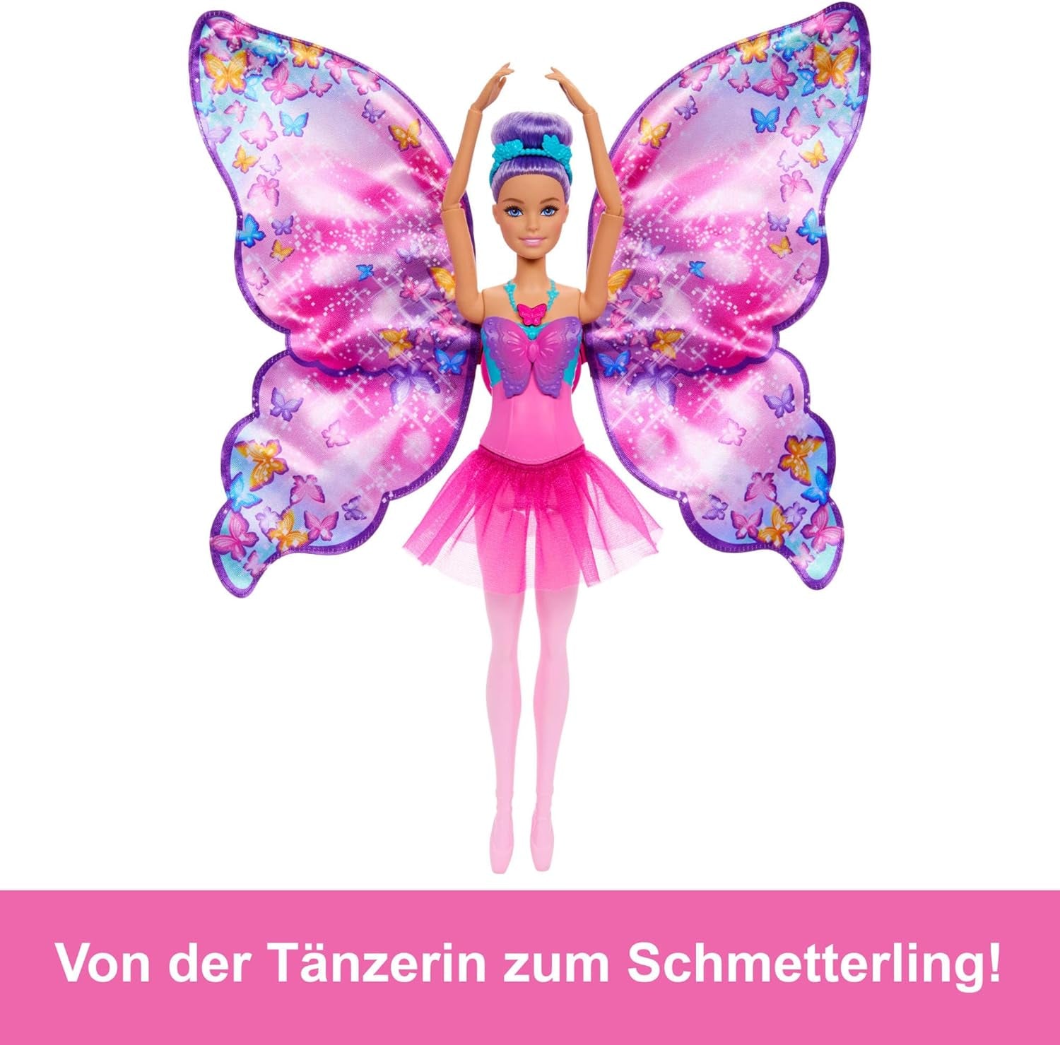 Barbie Danseuse et papillon 2 en 1 transformant la danseuse en papillon avec ailes ouvertes, cheveux violets, accessoires pour cheveux et tutu détachable, HXJ10