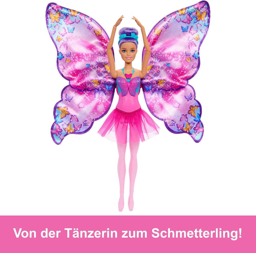 Barbie Danseuse et papillon 2 en 1 transformant la danseuse en papillon avec ailes ouvertes, cheveux violets, accessoires pour cheveux et tutu détachable, HXJ10