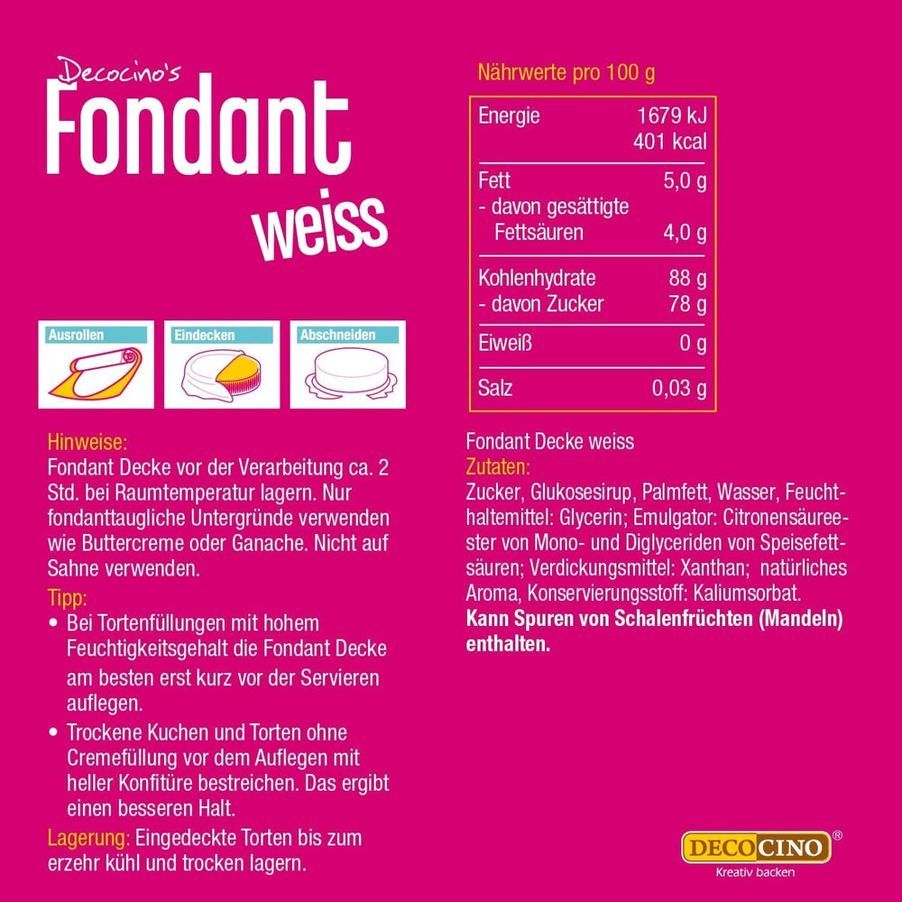 DECOCINO Rollfondant Decke Weiß – 300G – Gebrauchsfertige Fondant-Decke, Zum Eindecken & Verzieren Von Torten Und Kuchen – Glutenfrei & Vegan Glaçages et Décoration Naty Shop