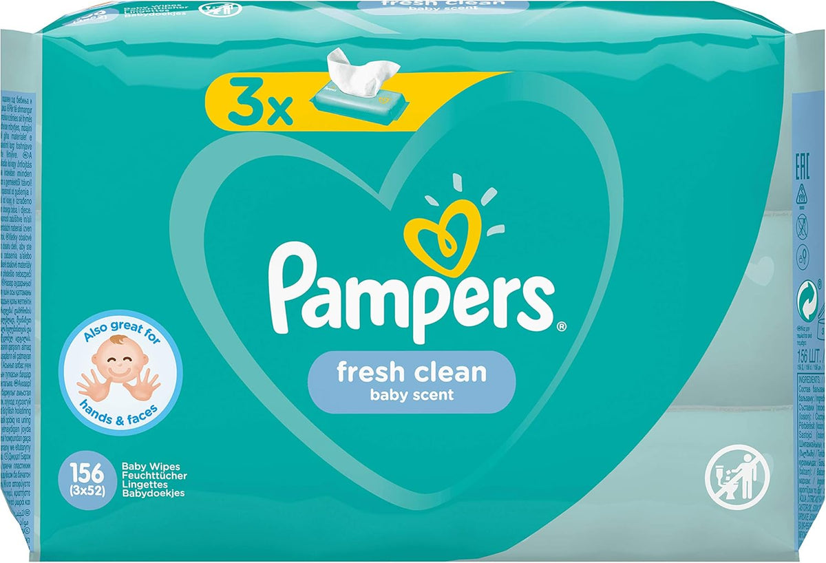 Pampers Fresh Clean Baby Wipes 81688041, 3x52 pièces, (lingettes pour bébé, sac en plastique, fille/garçon, turquoise, blanc, Allemagne, 896,7 g)