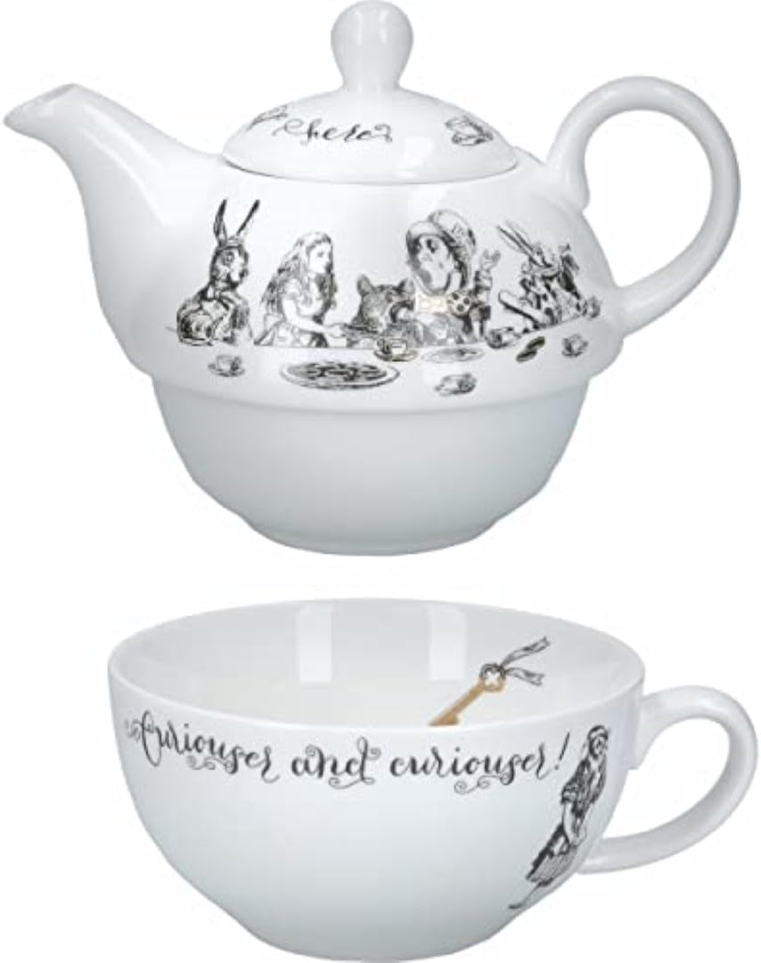 Ensemble théière et tasse Alice au pays des merveilles pour 1 personne dans un coffret cadeau, service à thé en porcelaine fine, blanc, 250 ml