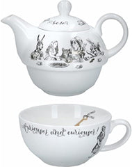 Ensemble théière et tasse Alice au pays des merveilles pour 1 personne dans un coffret cadeau, service à thé en porcelaine fine, blanc, 250 ml