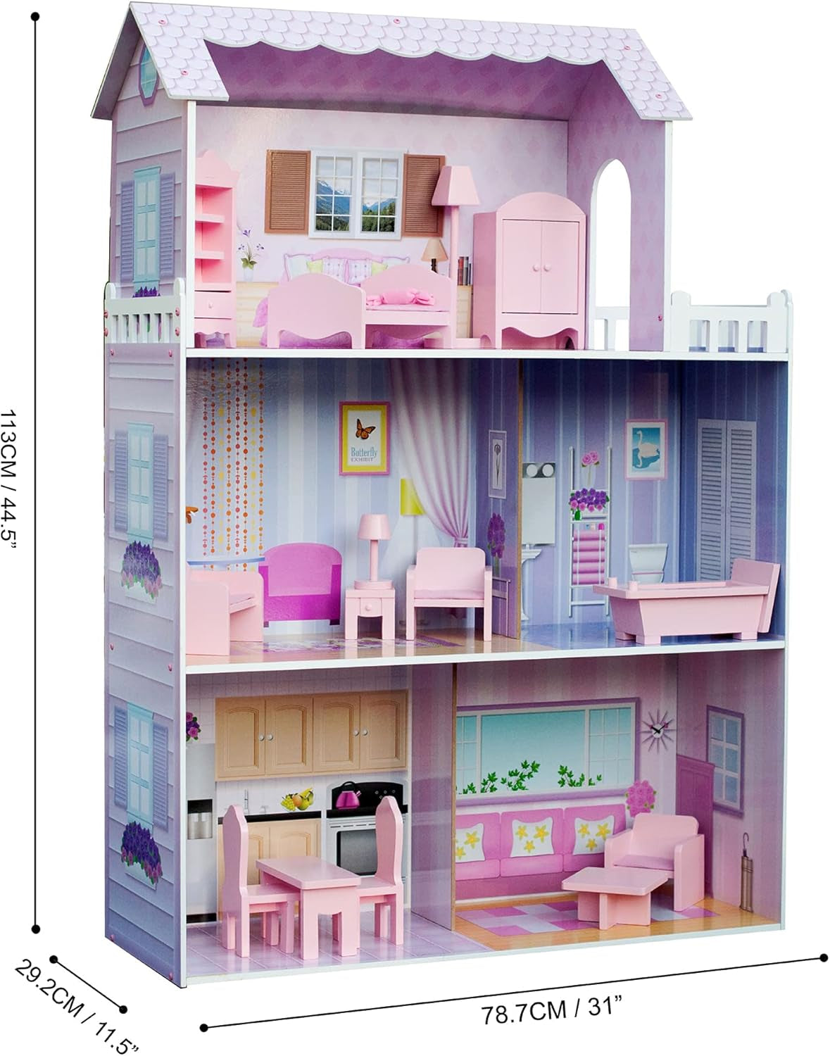 Maison de poupée géante Olivia's Small World, grande maison de poupée en bois avec meubles et accessoires, maison de poupée à 3 étages pour enfants, maison de poupée pour poupées de 12", 3 ans + Naty Shop Dollhouses