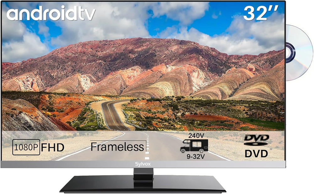 Televizor SYLVOX de 12 volți, televizor de camping de 22 de inci, televizor inteligent Android 1080P cu player DVD integrat, tuner triplu WiFi Bluetooth alimentat DC/AC fără ramă pentru autorulote, camioane, caravane, autoutilitare și bărci