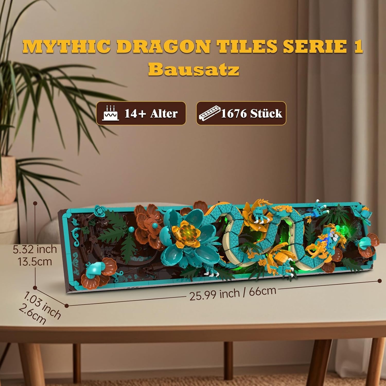 Kit de construction de tuiles de dragon mythique pour adultes, jouet de construction d'art divin Loong 3D avec lumières LED et fleurs, kit de modèle en relief de dragon à faire soi-même, cadeaux et décorations créatifs (1676 pièces)