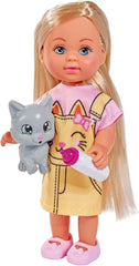 Simba 105733591 - Evi Love Kitty, asortat în 2 moduri, va fi livrat doar UN articol, păpușă într-o rochie drăguță de pisică cu pisoi și sticlă de băut, păpușă de joacă de 12 cm, vârste 3+