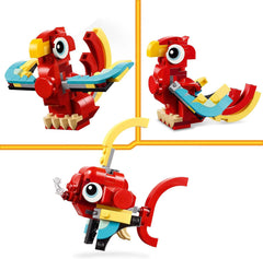 LEGO Creator 31145 Jouet dragon rouge 3 en 1 avec figurine de poisson et modèle d'oiseau phénix, ensemble de figurines d'animaux, cadeaux pour garçons, filles et enfants de 6 ans et plus 31145