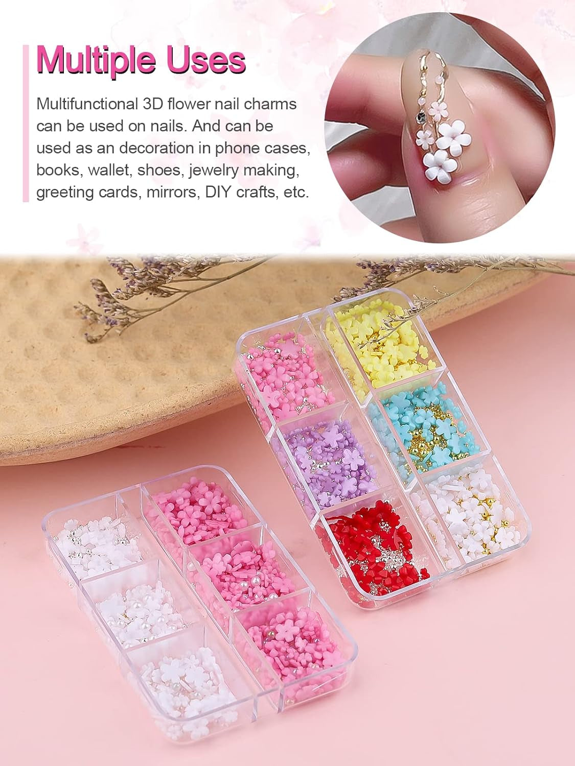 Kalolary Breloques pour nail art en forme de fleurs en acrylique 3D pour ongles, cinq pétales, ornements floraux, pierres précieuses, strass, perles métalliques mélangées pour bricolage, conception de nail art, fabrication de bijoux (2 boîtes)