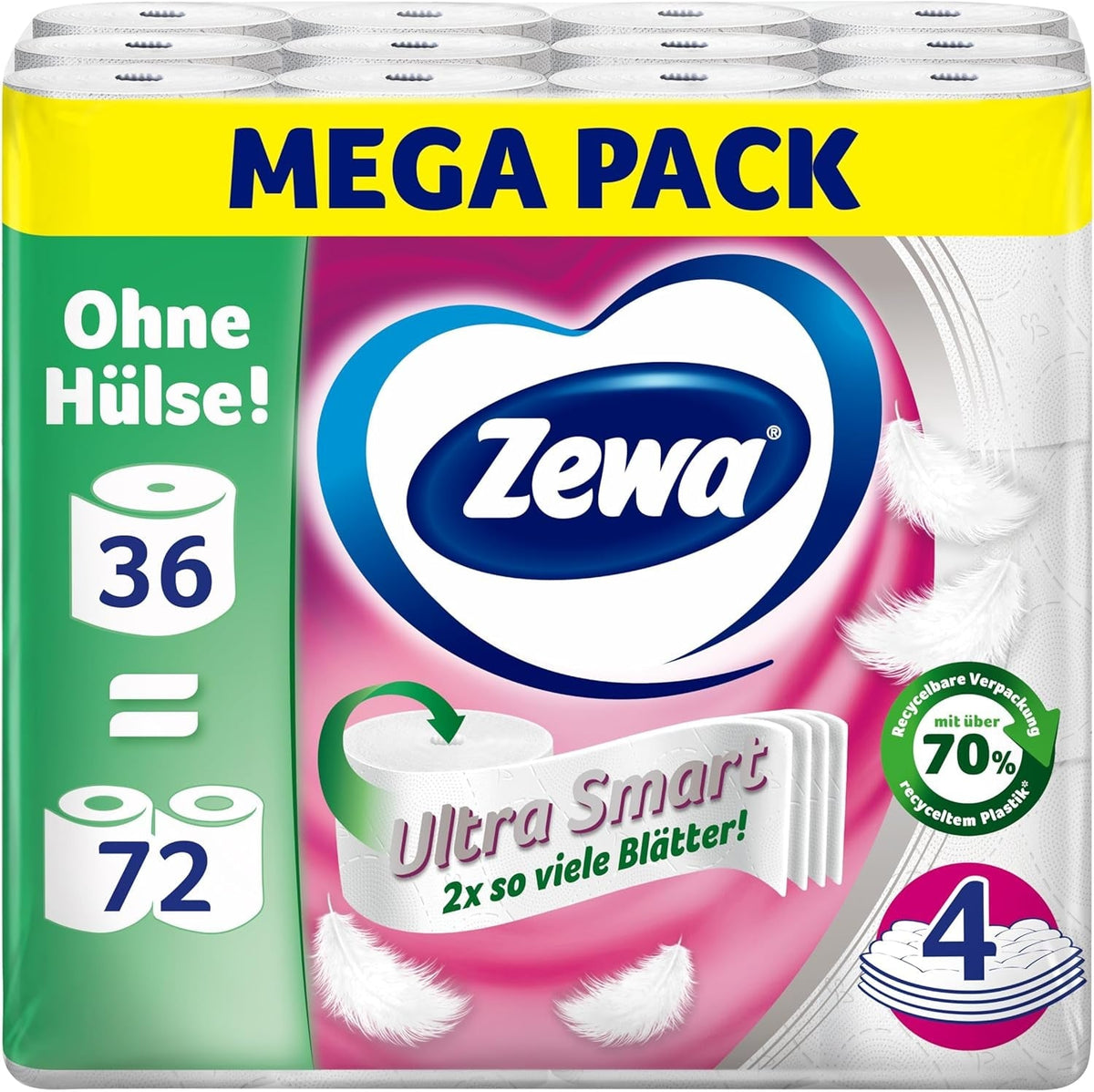 Zewa Ultra Smart Papier toilette en vrac, 36 rouleaux de 280 feuilles, rouleau géant, 4 épaisseurs, couleur claire
